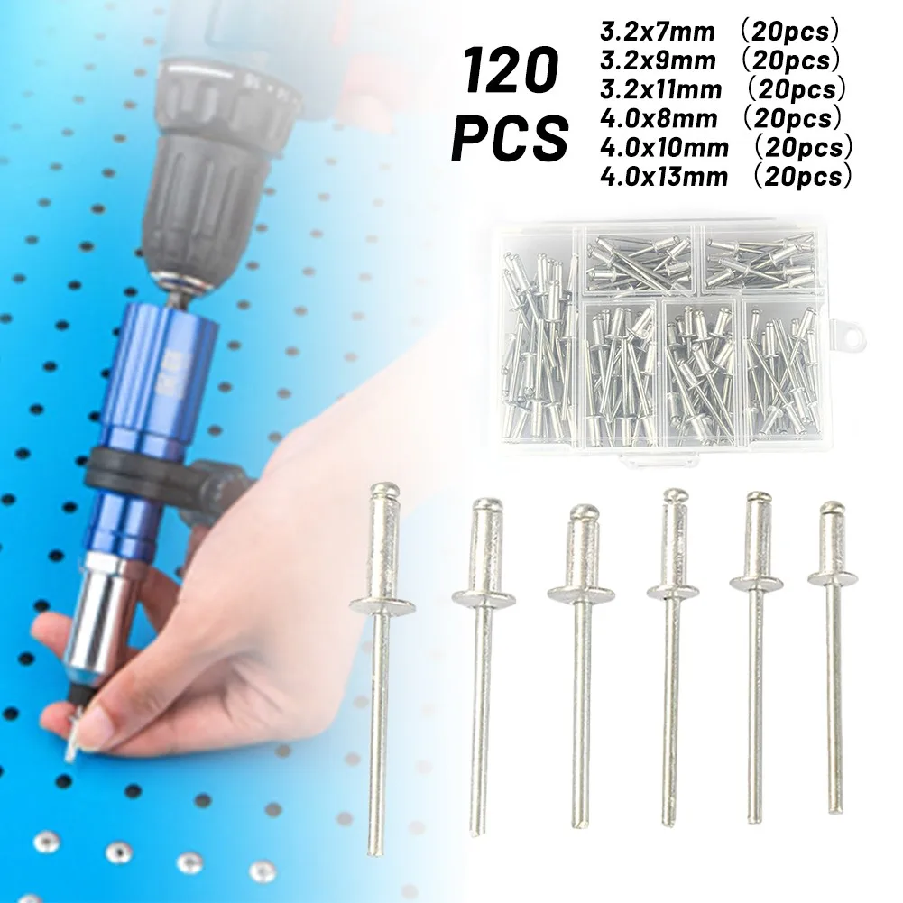 

New 120pcs Rivets Dome Head Open Blind Aluminium Body Steel Shank 3.2mm 4.0mm Blind Rivets Power Tool Nail Gun