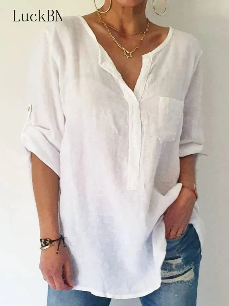 

V-Neck Blouse Femme Pockets Baggy Sequins Bohemian Elegant Tops Women Full Sleeved Cotton Chemise Solid Shirts Camisas Mujer