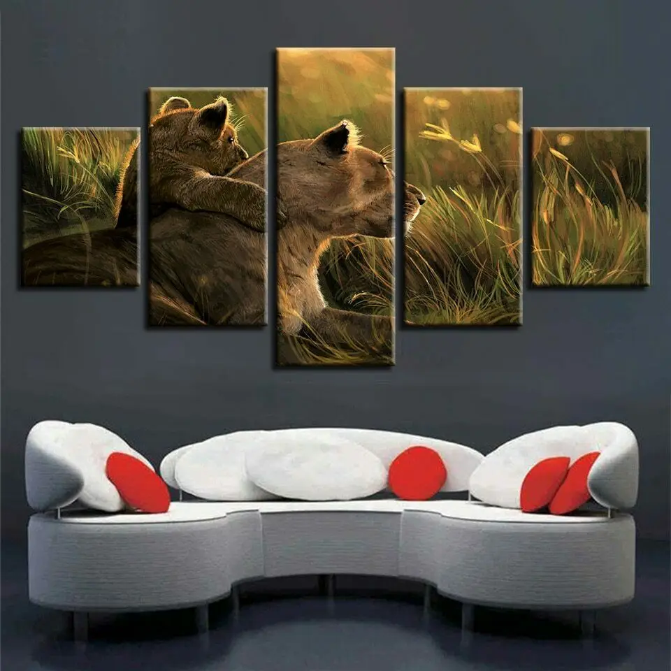

Lions Paintings Grassland Wild Animal Poster Modular Living Room Wall Art 5 Panel Pictures Canvas HD Print Home Decor 5 Pieces