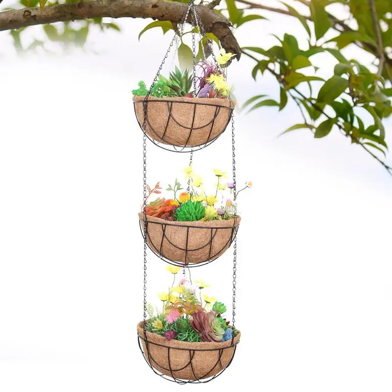 

Garden Hangings Baskets Metal Outdoor Three Layer Hangings Basket With Coco Coir Liner Plant Holder Porch Pots Hanger Garden