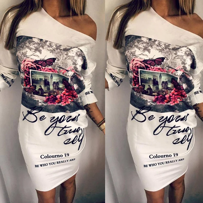 

Off Shoulder Sexy Dress Women Print Dress Long Sleeve Spring Summer Casual Dresses Women O-Neck Mini Short Dress
