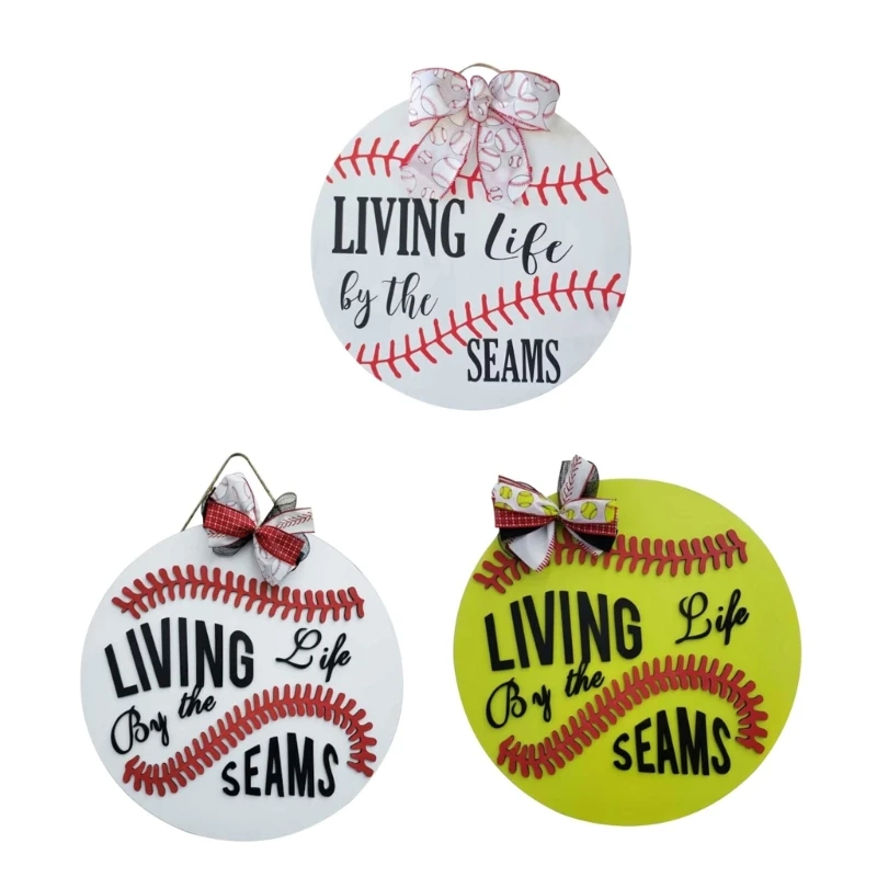 

Baseball Wreath Hanging Wood Door Sign for Front Door Living Life By The Seams Farmhouse Wall Decoration Gift for Sports