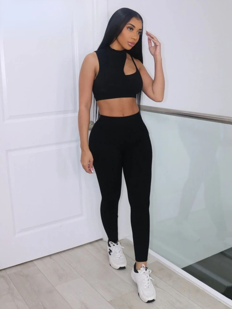 

traf za store blouses tracksuit women Solid Ribbed Knitted Two Piece Set Women Sleeveless Turtleneck Crop Tops+Skinny High Waist