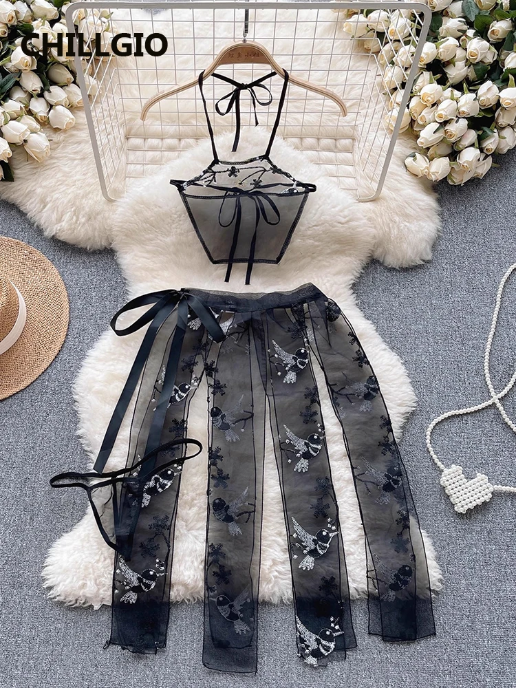 

CHILLGIO Women Embroidery Floral Pajamas Suits Fashion Erotic Cosplay Costume Retro Hanfu Chinese Style Mesh Camisole Skirt Set