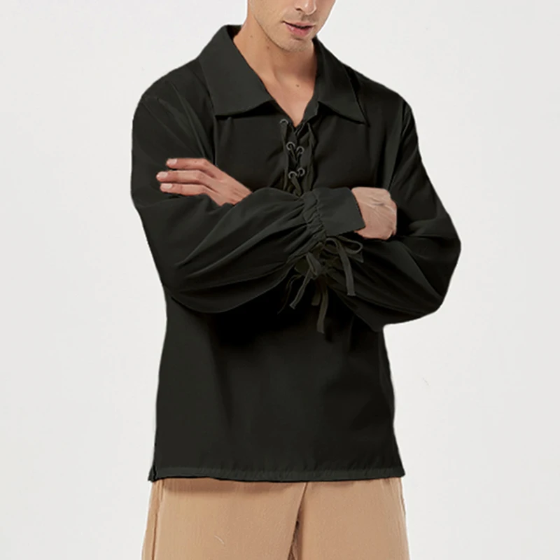 

2022 Solid Color Retro Medieval Cosplay Prince Shirt Renaissance Bandage Pirate Shirt Costume Men's Halloween Long Sleeve Cloth