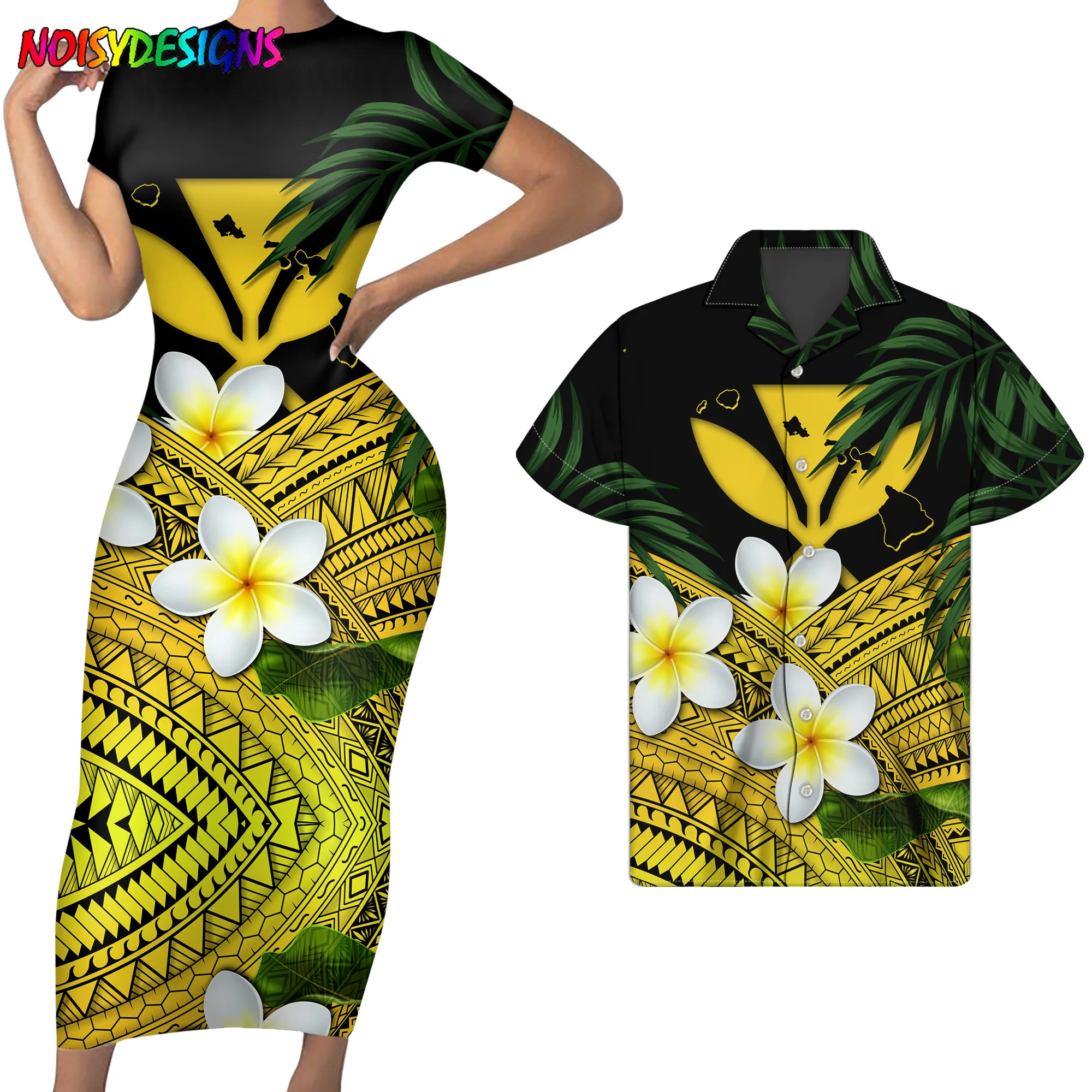 

Womens Elegant Summer Floral Flower Samoan Plumeria Polynesian Tribal Prints Short Sleeve Slim Dress Vestidos 4XL