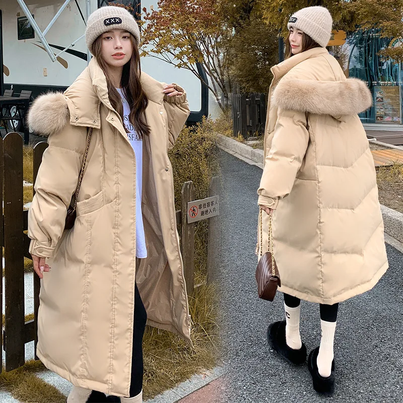 Enlarge Down Jacket Women Hooded Thickened 2023 90% White Duck Down Fox Fur Collar Long Coral Yellow Large Coats Color Warm Soft Jackets