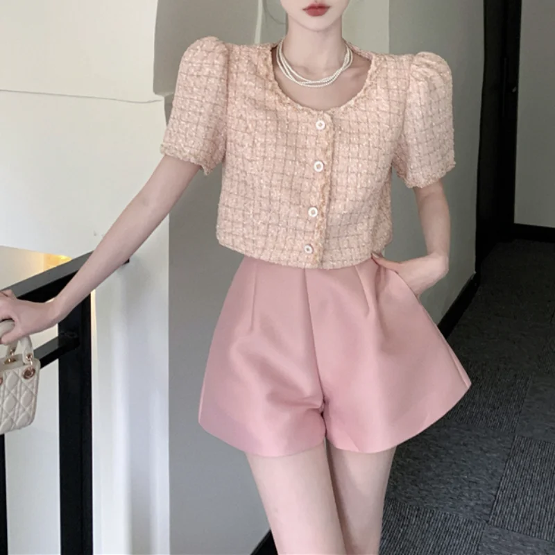 

Korea Pink Sweet Tweed Top+ Pants Suit Summer French Puff Short Sleeve High Waist Wide-legged Shorts Two-piece Set Women Outfit