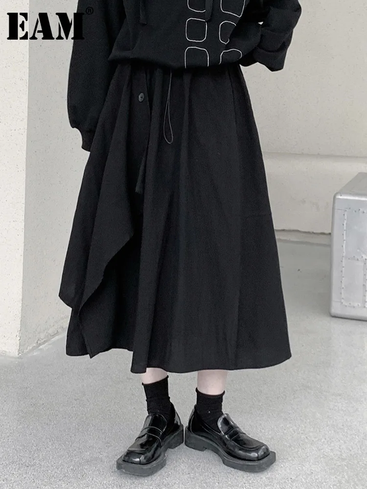 

[EAM] High Elastic Waist Black Asymmetrical Button Long Skirt Loose Fit Women New Fashion Tide Spring Autumn 2023 1DF3777
