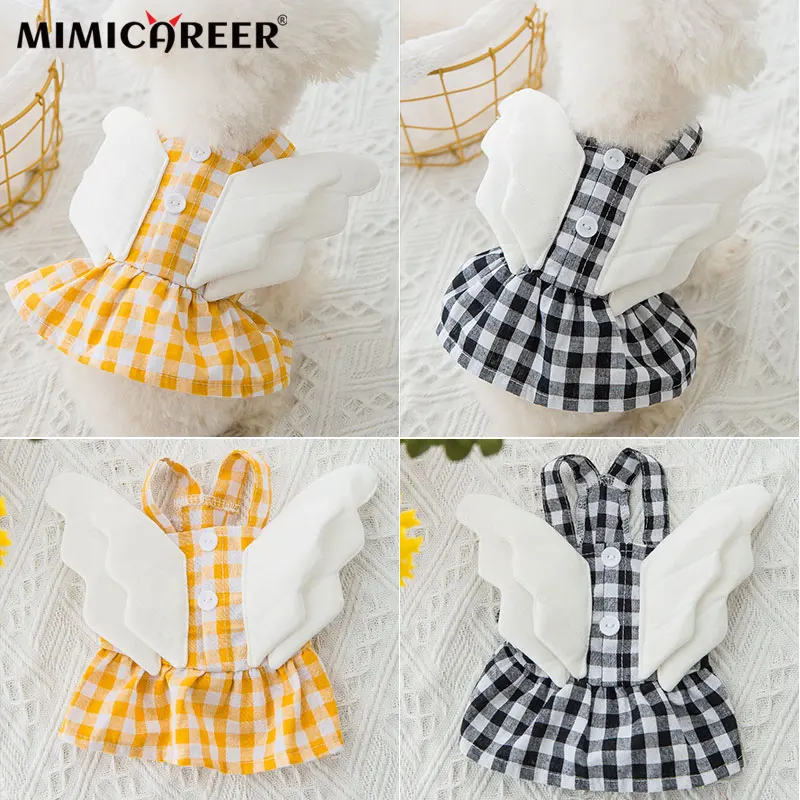 

Dog Clothes Dress Cute Kittens Vest With Angel Wings Summer Plaid suspenders Dresses For Small Dog Puppy Skirt Pet Costume