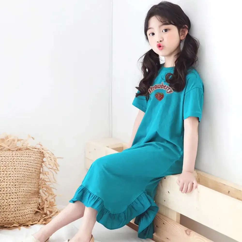 

Женская одежда, летние детские синие платья с коротким рукавом для девочек, длинное Повседневное платье с оборками в Корейском стиле для де...