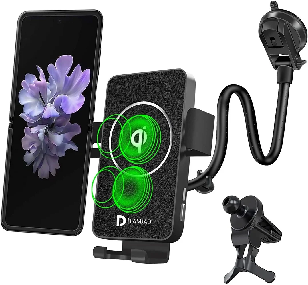 

LAMJAD 15W Fast Wireless Charger Car Dual Coil Design Qi Automatic Induction Wireless Car Charger For Galaxy Z Flip3 5G 13/12/11