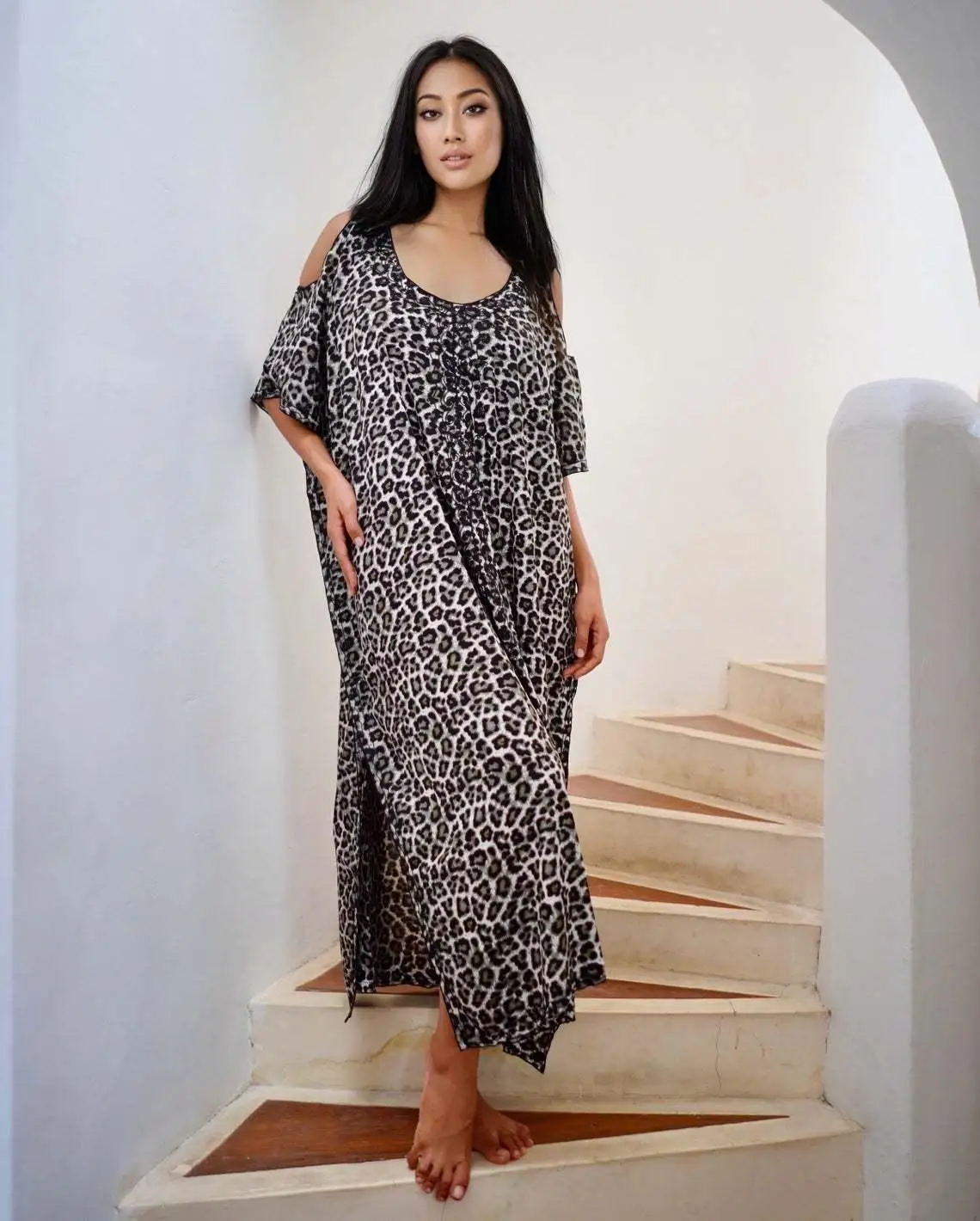 

Boho Beach Wear Bikini Cover-Up Casual Loose Leopard Cover-Ups for Women Vintage O-neck Short Sleeve Summer Kimono Dress 2022