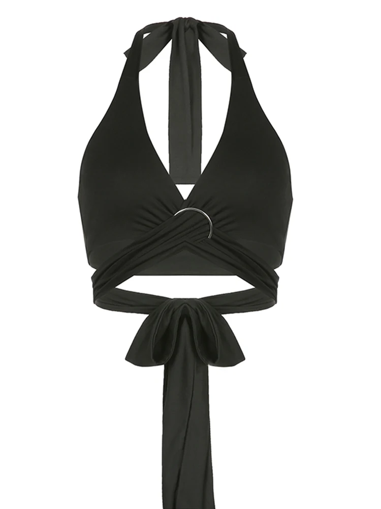 Топ Rapcopter y2k с металлической лямкой на шее топ открытой спиной и завязкой Женский