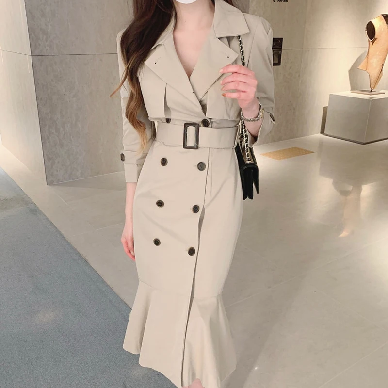 

SuperAen Dresses Korean Autumn French New 2022 Solid Color Suit Collar Double Breasted Lace Fashion Long Sleeve Women's Dress