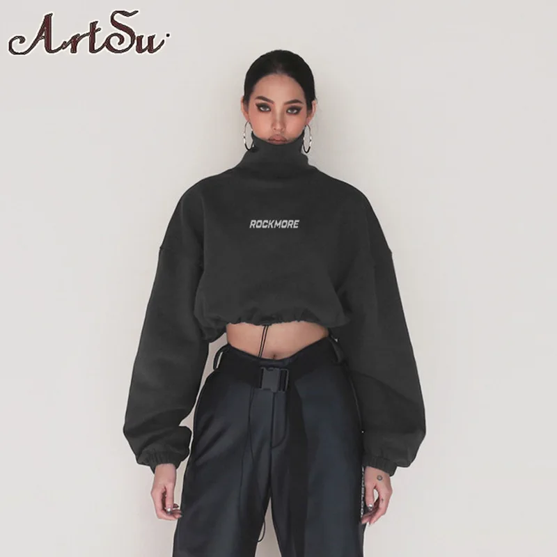 

Укороченные свитшоты, женские длинные топы с воротником-стойкой, Осень-зима 2023, модная уличная одежда, пуловер с надписью, свитшот с Кулиской