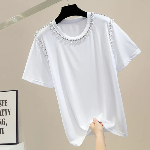

Sweet Pink T-Shirt for Women Summer 2022 Beads Diamond Round Neck Pullover Short Sleeve Thin Tshirt Female Loose All-Match Top