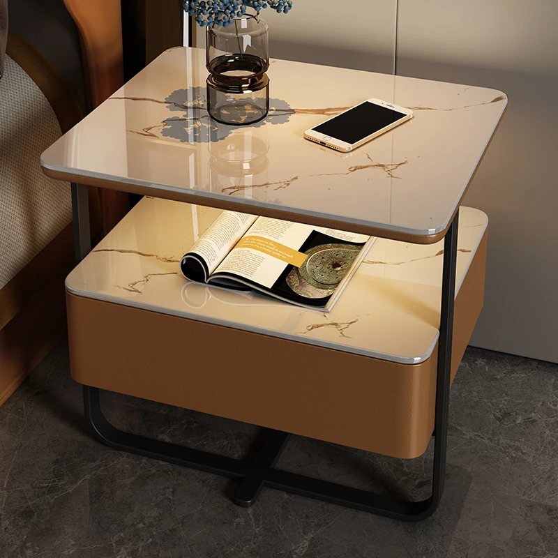 Light Luxury Nightstands Smart Bedside Table Modern Simple Solid Wood Wireless Charging Bedroom Wrought Iron Bedside Table