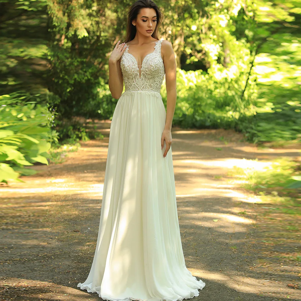 

Pastrol Ivory Wedding Dresses New V-Neck Sleeveless Chiffon Dress A-Line Open Back Lace Appliques Sweep Train Bridal Gown платье