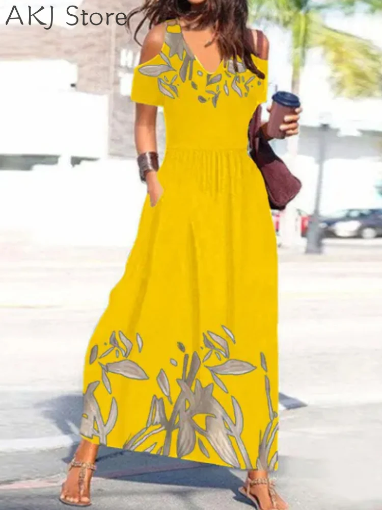 

Летнее Женское Платье макси с открытыми плечами и принтом