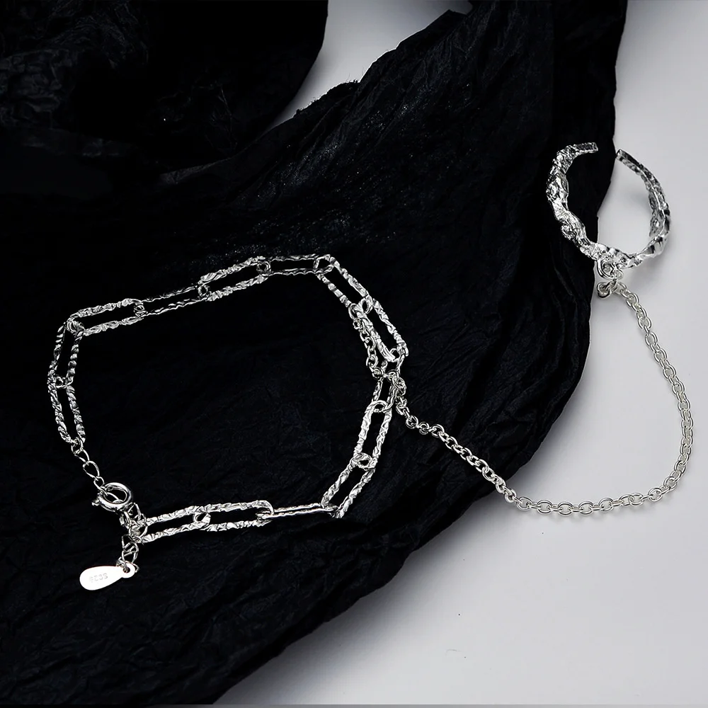 

Luxury brand genuine real jewels S2044 Light Handmade S925 Sterling Silver Textured Chain ins Cold Wind Small Ring Bracelet high