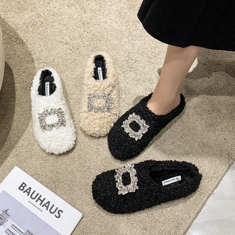 

Туфли женские плюшевые, сланцы для взрослых, шлепанцы, низкие женские мюли из флока, зимняя обувь, мягкий мех, блестящие, F