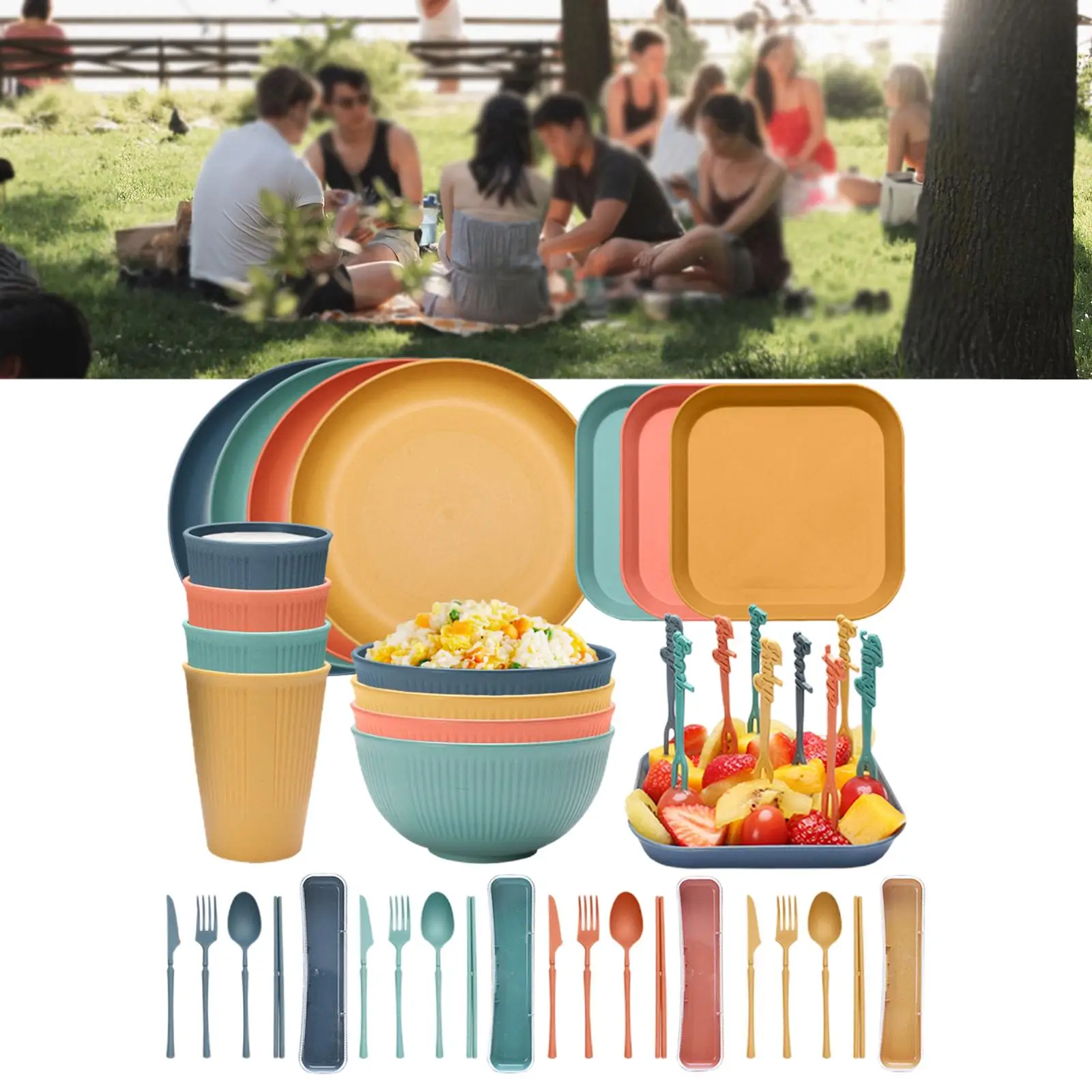 

Unbreakable Dinnerware Set Fork Knives Chopsticks Service for 4 People for Home Kitchen