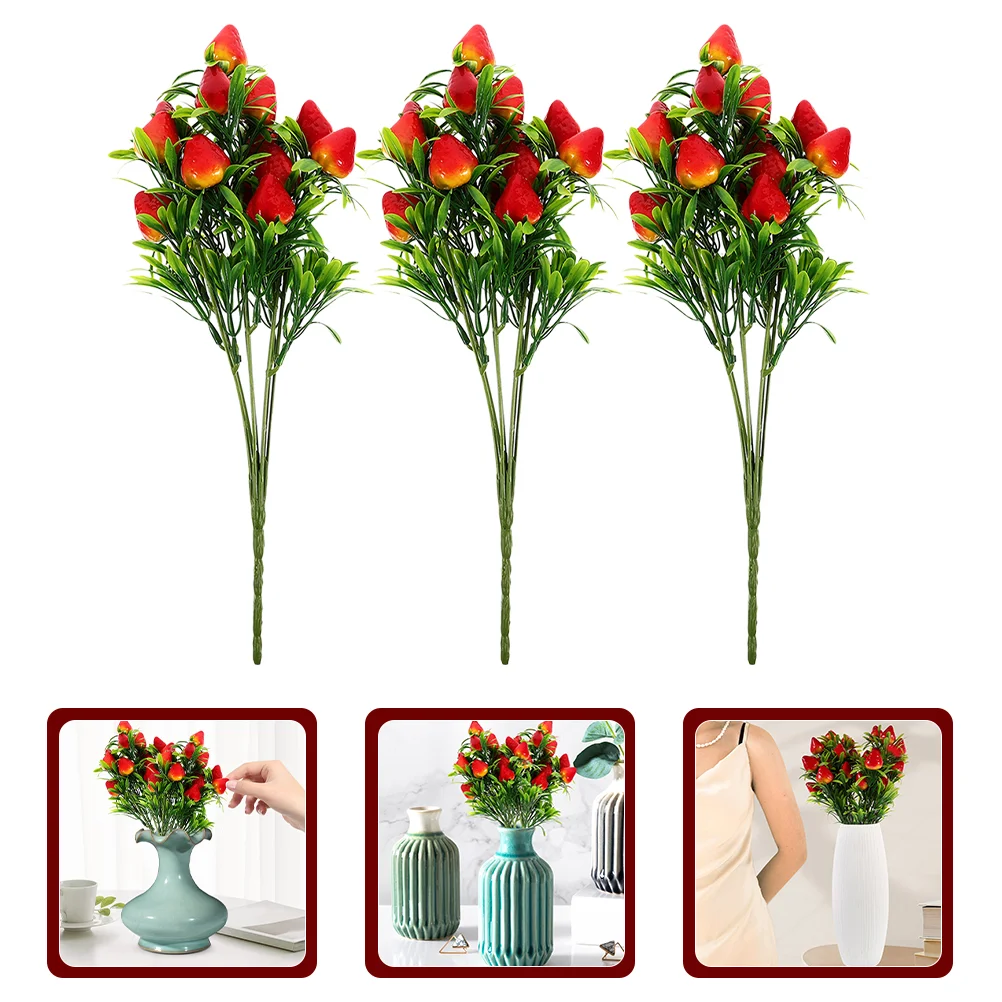 

3 Pcs Simulation Strawberry Bouquet Branch Decor Holiday Adorn House Decorations Home Fake Strawberries Party