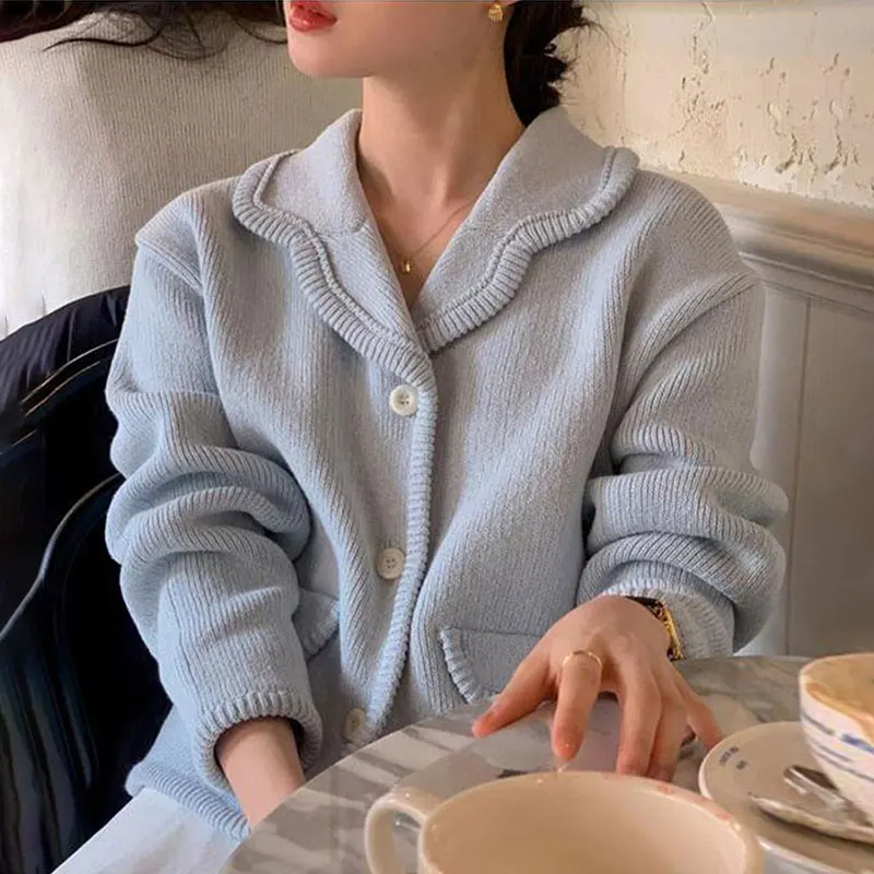 

Clothland Women Elegant Solid Jacket Single Breasted Turn Down Collar Summer Casual Knitwear Sweet Coat Mujer CA519