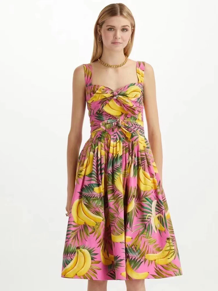 

Delocah High Quality Summer Women Fashion Designer Holiday Midi Dress Sexy Strap Bow Tropical Print High Waist Pleated Dresses