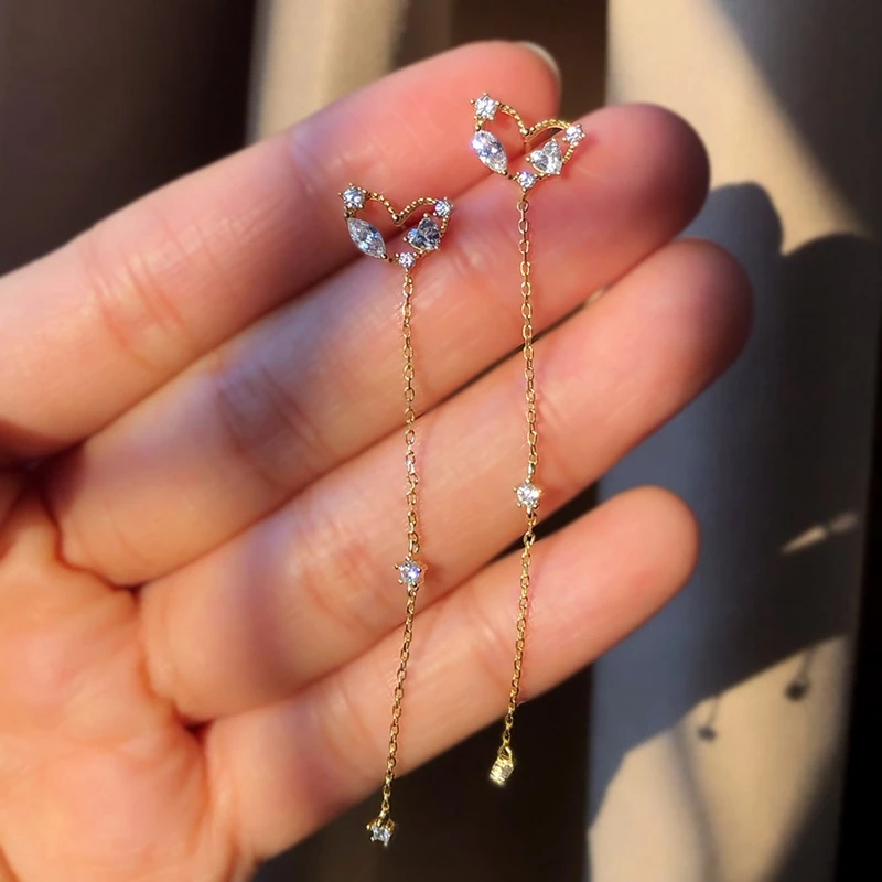 

Morivovog Real 925 Sterling Silver Inlay Zircon Long Chain Heart Stud Earrings for Women 14K Gold Tassel Aesthetics Fine Jewelry