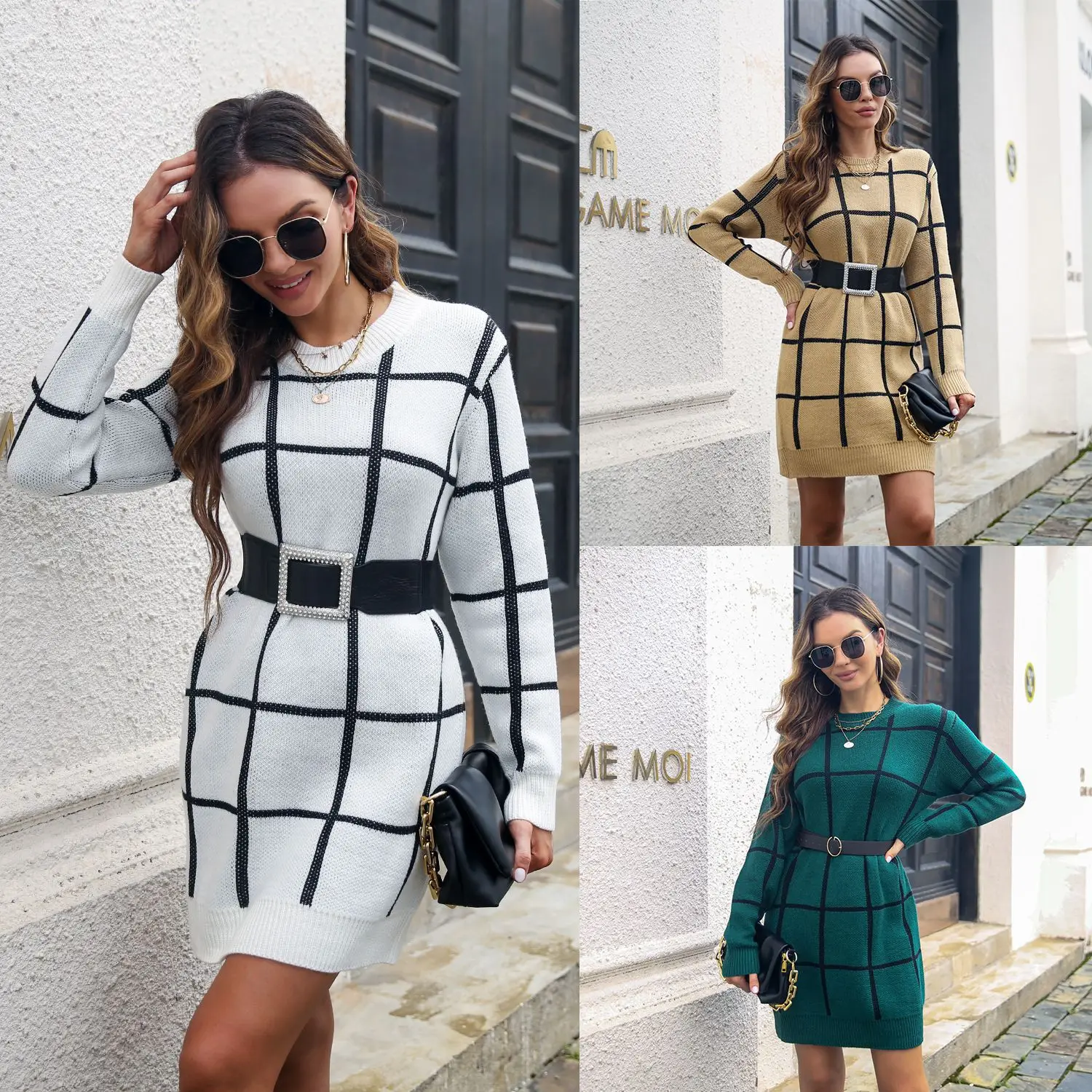 

Dresses for women 2022 luxury designer autumn and winter collision color plaid long-sleeved sweater dress bottoming dress
