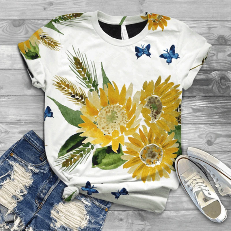 

Newest Sunflower Printing Female Clothes Fashion Street T Shirt Women's T-shirt O-neck Short Sleeve Girls Summer Casual Top Tees