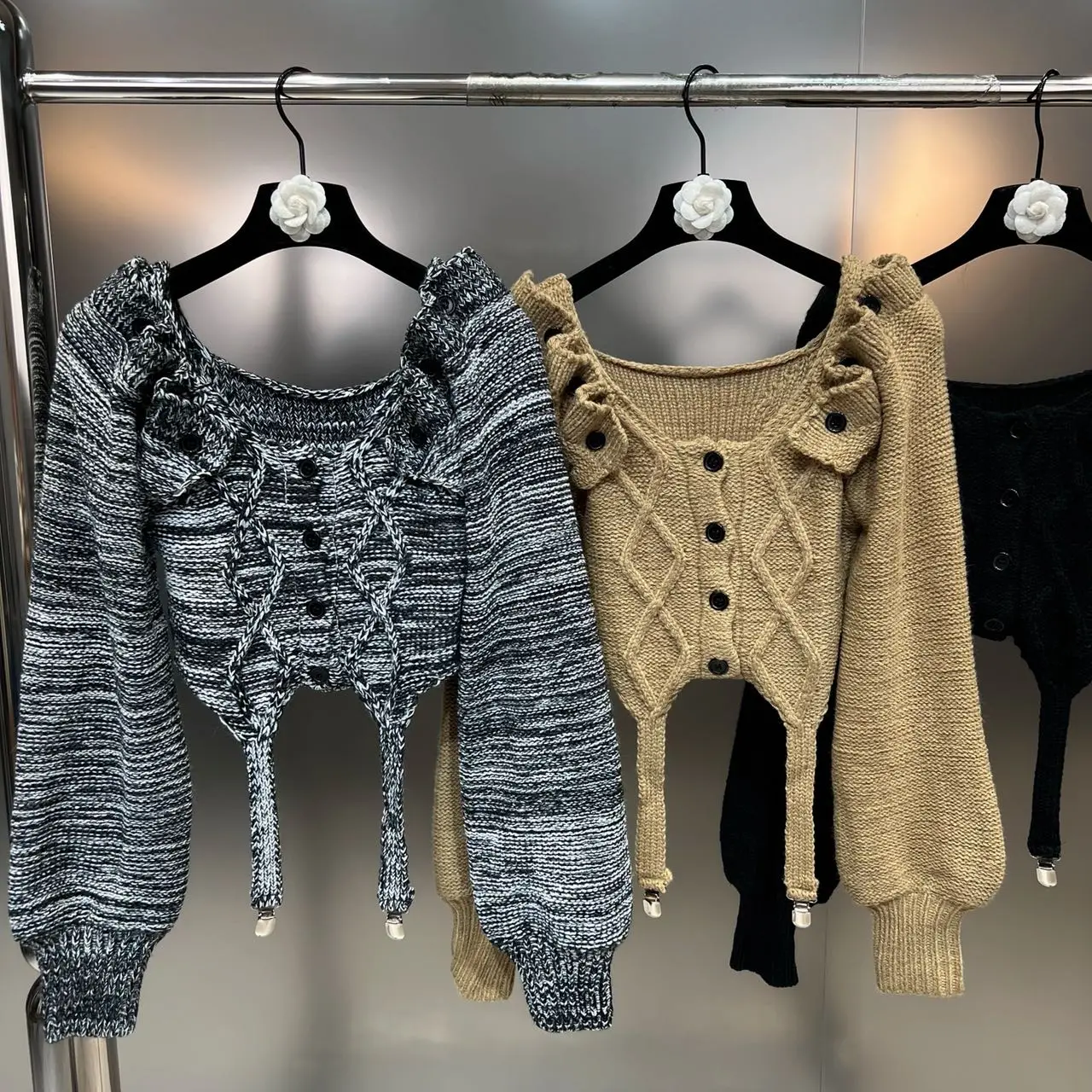 

ZCSMLL Fall/Winter 2022 Square Neck Long Sleeve Multi Button Splice Lace Tie Knitwear Solid Color Women Sweaters Fashion