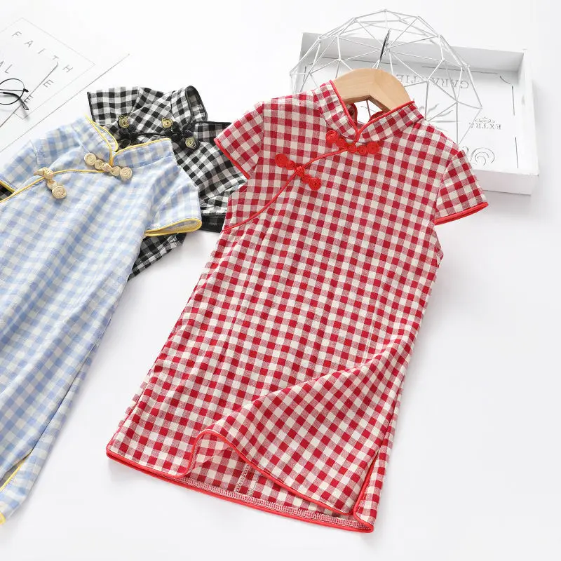 3-8 Years Old Girls Cheongsam Children's Summer Dress Little Chinese Style Baby Qipao Skirt Red/Bla |