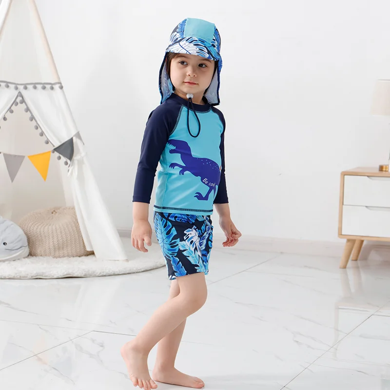 

Детский купальник с синим динозавром на возраст 2-16 лет, цельный комплект с купальником, шапочкой, купальный костюм для мальчиков, детская пл...