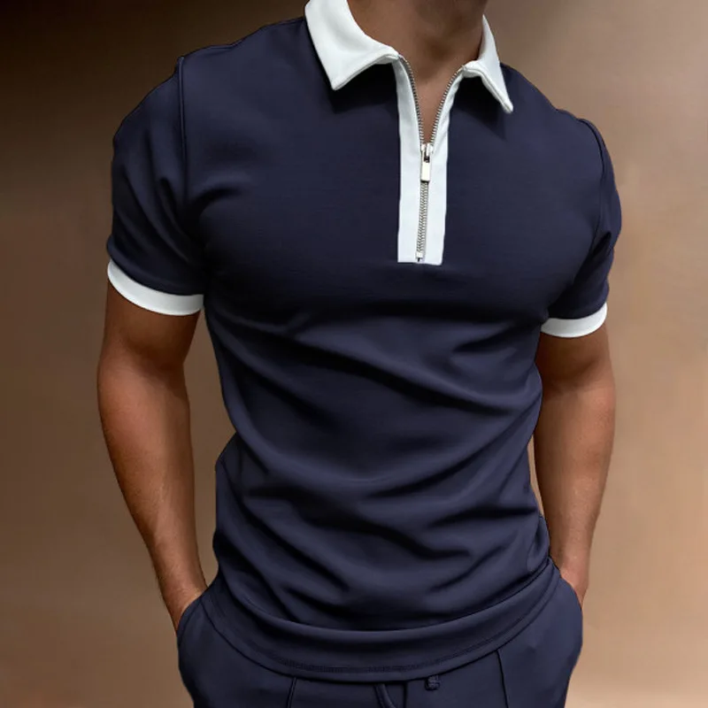 2023 Summer NEW Men's Solid Color Polo Shirt Short Sleeve Turn-Down Collar Zipper Men Casual Sports Streetwear Tops