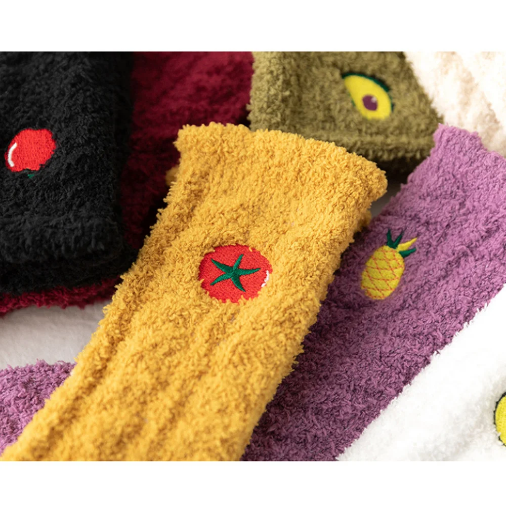 7 Pairs New Harajuku Fruit Embroidery Coral Fleece Women Socks Autumn and Winter Avocado Strawberry Warm Sleep Floor Socks