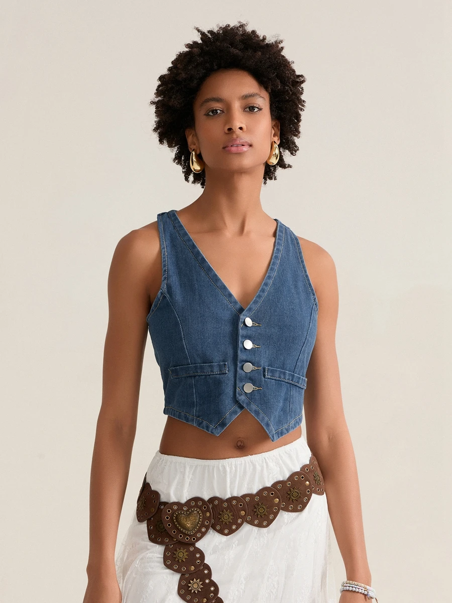 Женская джинсовая майка без рукавов на пуговицах