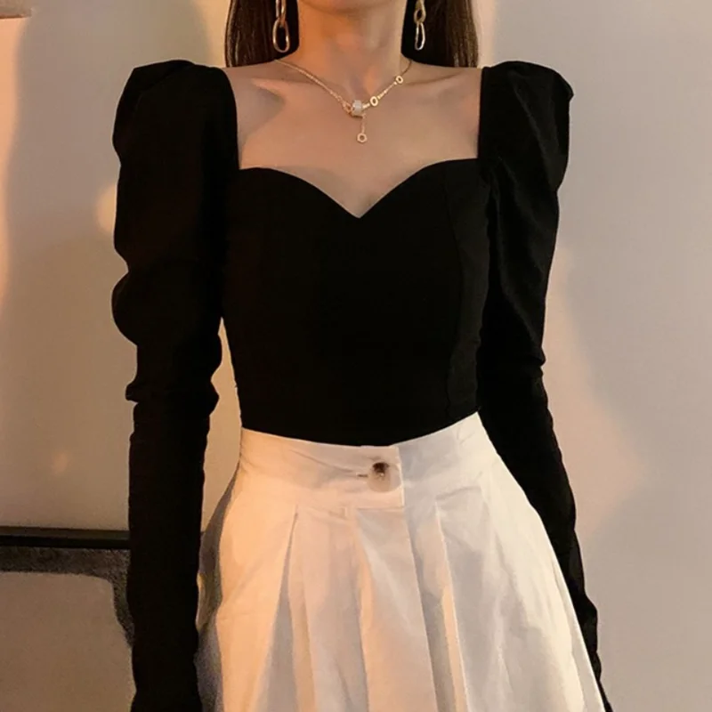 Женская футболка с длинным рукавом и квадратным вырезом в стиле ретро | одежда