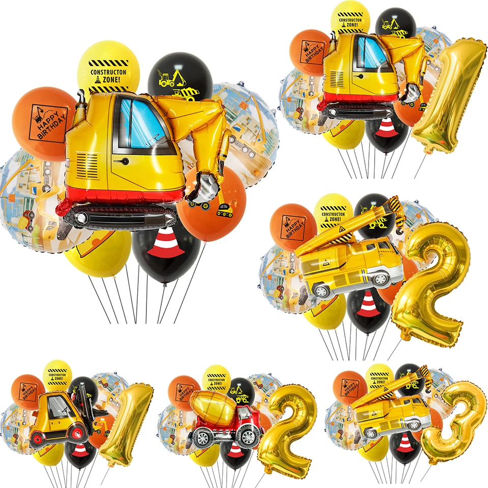 10pcs/set Carton Vehicle Balloon Excavator Forklift Crane Balloons for Boy's Construction Birthday Party Decoration Gifts Supply