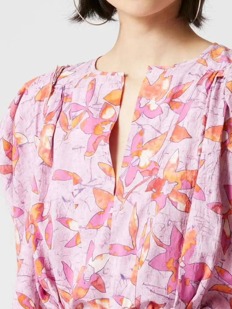 2022 Spring New 100% Viscose Shirt Women Pink Floral Shirt
