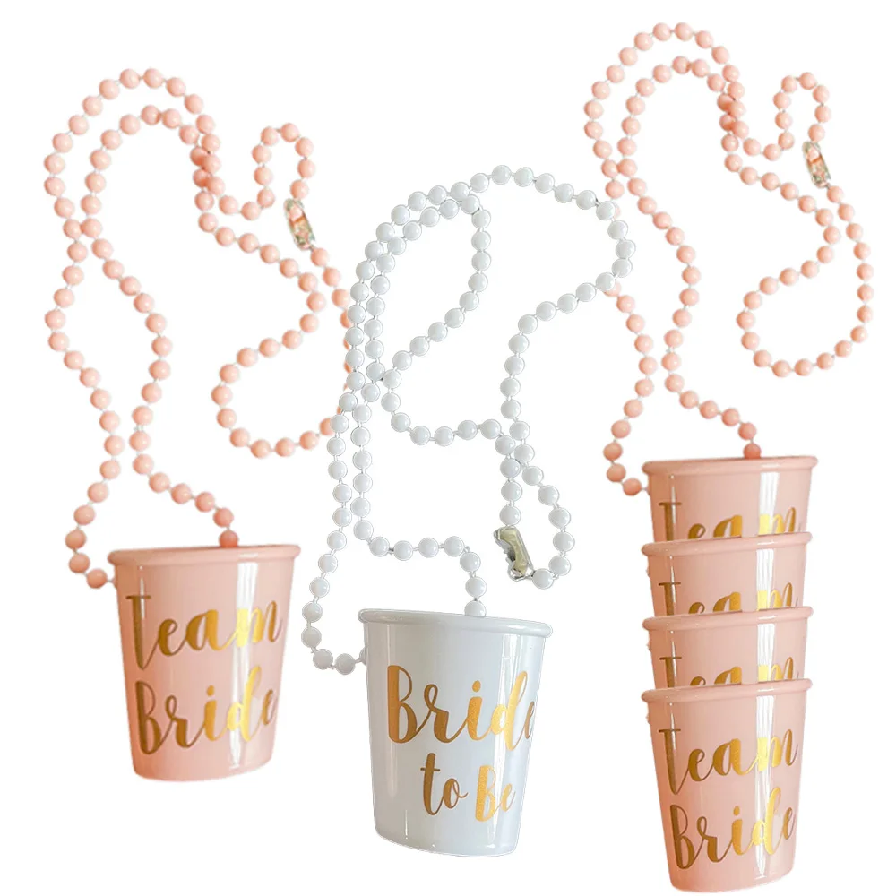 

4Pcs Team Bride To be Plastic Beaded Bridal Shot Glass Necklace Gold Foil Bachelorette Party Bridal Party Necklaces White Pink