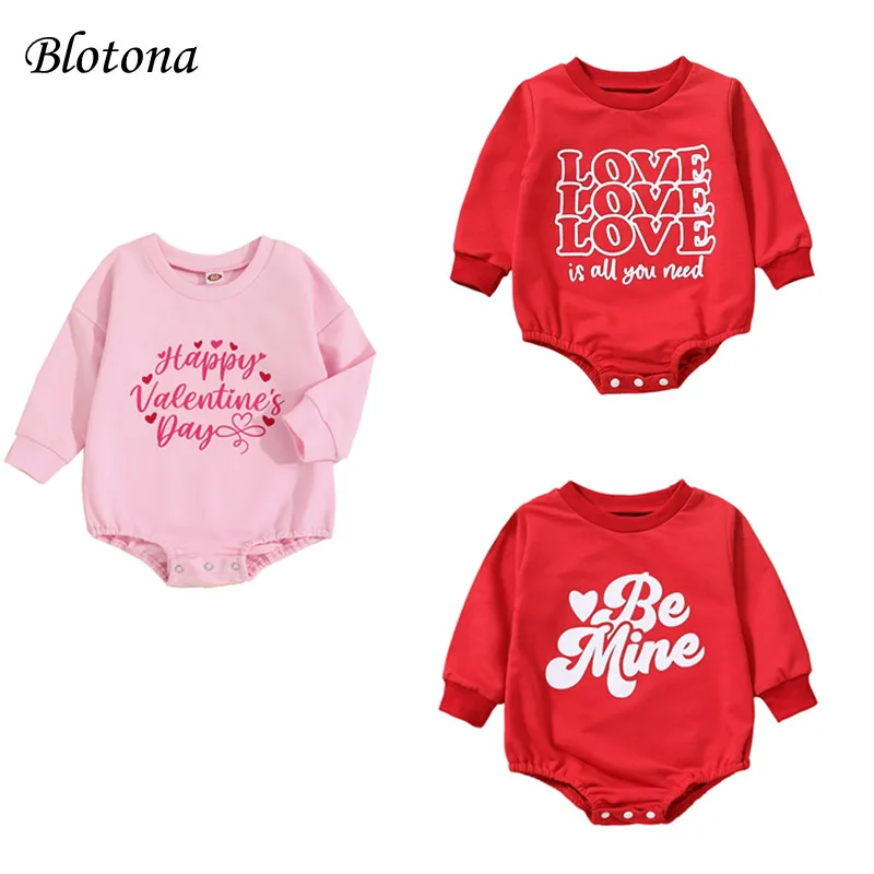 

Blotona Baby Girl Romper Long Sleeve Round Neck Letters Print Casual Fall Spring Short Crotch Button Jumpsuit, 0-24Months