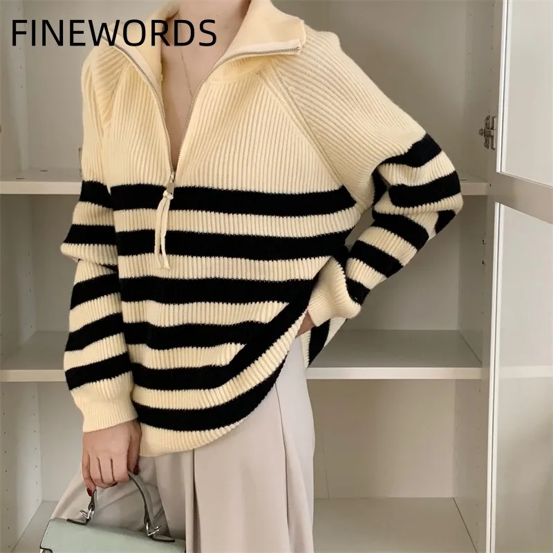 FINEWORDS винтажный повседневный зимний полосатый вязаный свитер женский корейский