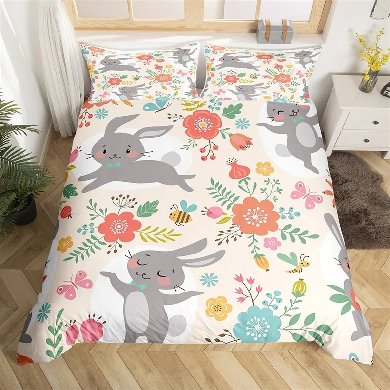 

Cartoon Animal Duvet Cover Cute Rabbit Bedding Set Botanical Butterfly Flower Leaves Comforter Cover Woodland Animal Quilt Cover