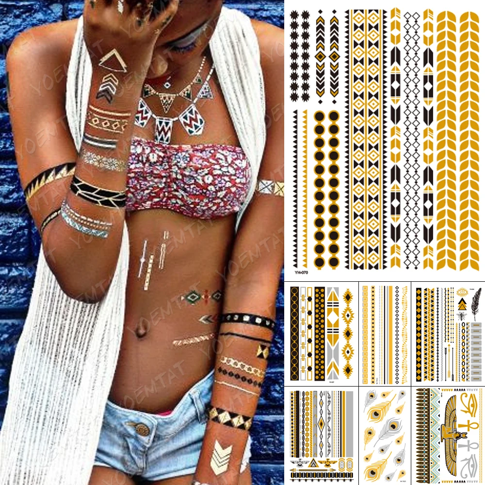 

Waterproof Temporary Tattoo Sticker Black Chain Bracelet Gold Metallic Flash Tatoo Boho Eagle Feather Jewelry Glitter Body Art
