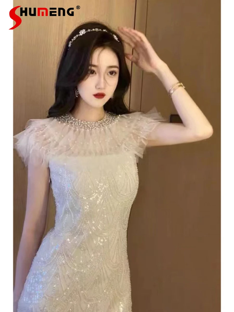 

Loose Women's Summer Pullover Sleeveless Beaded Short Dress Elegant Fashion Bowknot Luxury Temperament Dress Woman 2022