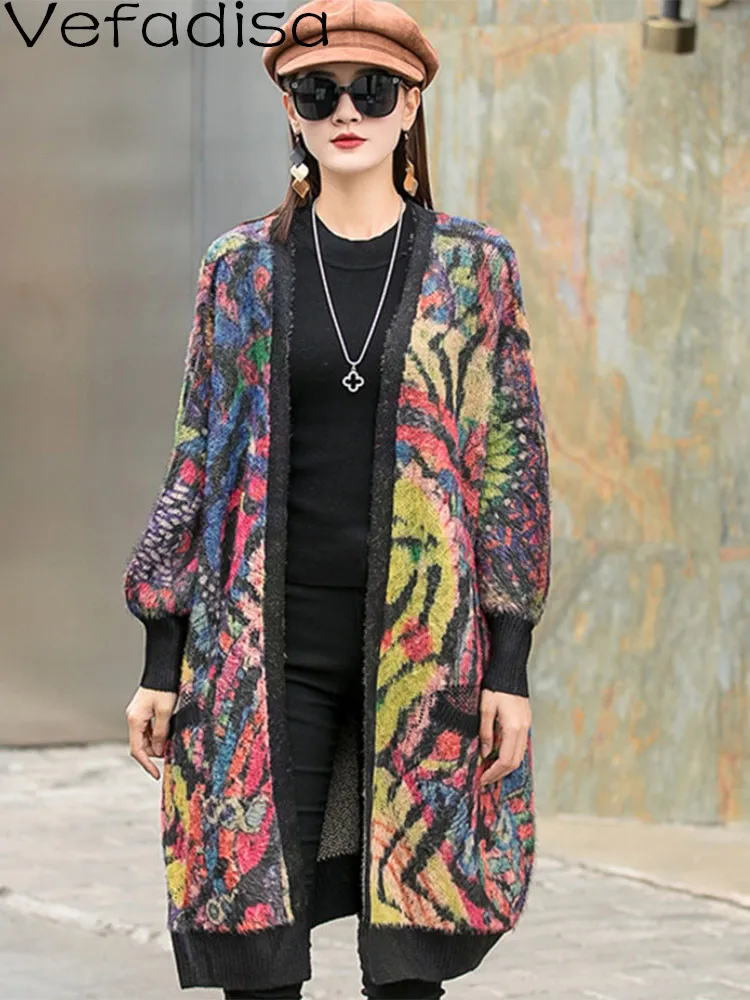 

Vefadisa Women Age Reduction Cardigan Sweater Loose Mid-length Printing Long Sleeves Knitting Coat 2023 Spring Autumn LHX1502
