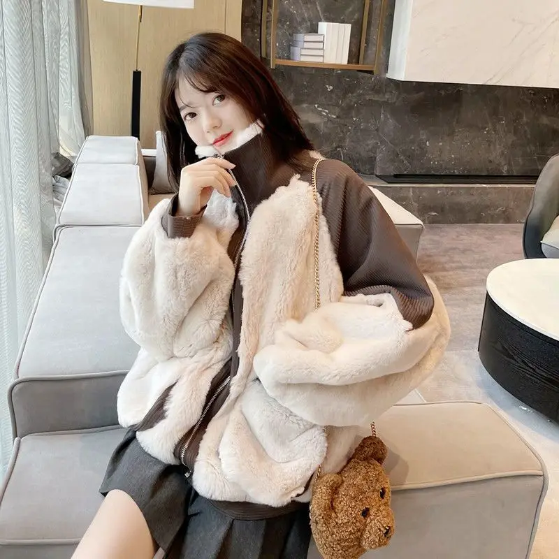 2022 Winter New Women Faux Rabbit Fur Coat Female Thick Casual Warm Long Sleeves Short Fur Jacket Coats Outerwear Tops F50